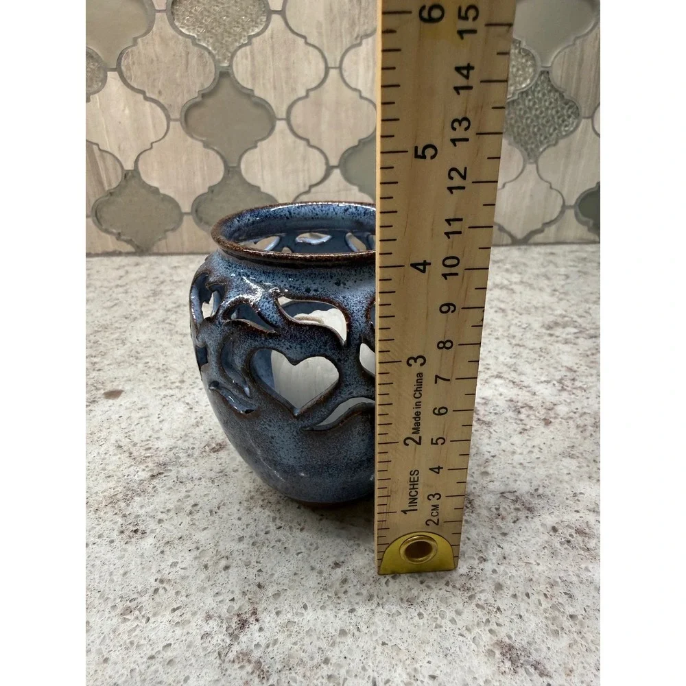Artisan Studio Pottery Heart Cutout Candle Holder Blue Speckled‎ Glaze Ceramic